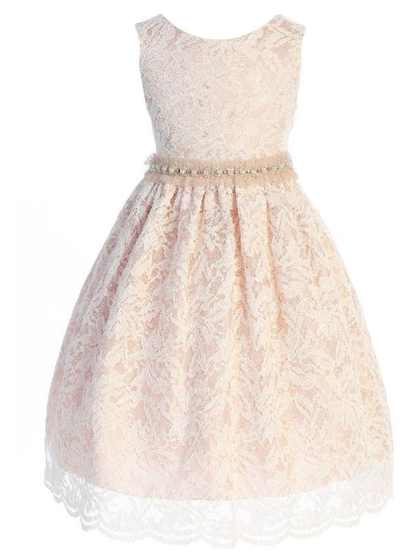 Big Girls Blush Lace Pearl Tulle Trim V Back  Junior Bridesmaid Dress 8-14 - SophiasStyle.com